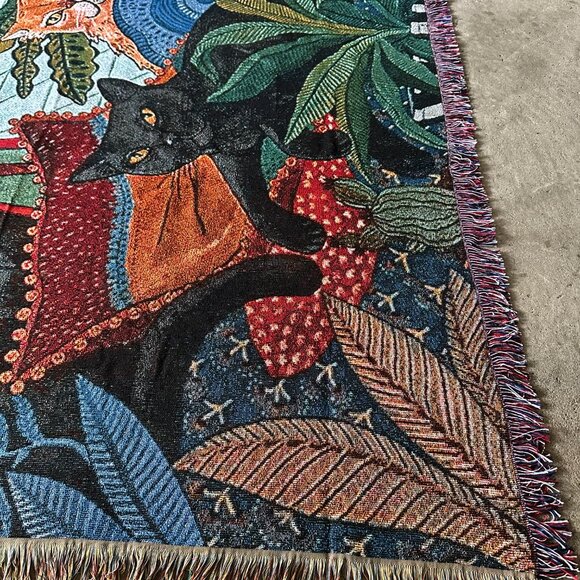 Botanical Cat Woven Tapestry Blanket – Vintage Jungle Home Decor (50x60”) - Picture 4 of 6